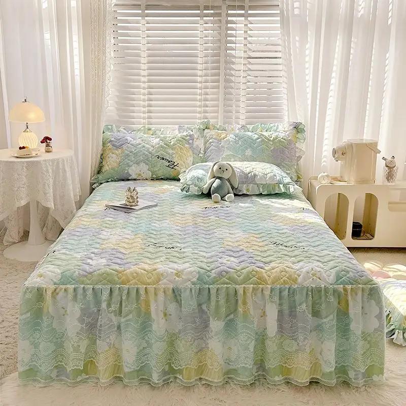 Bawełniana i lniana falbanka na ramę łóżka z nadrukiem trzyczęściowy zestaw gradientowa pikowana koronkowa narzuta antypoślizgowa pyłoszczelna pościel prześcieradła