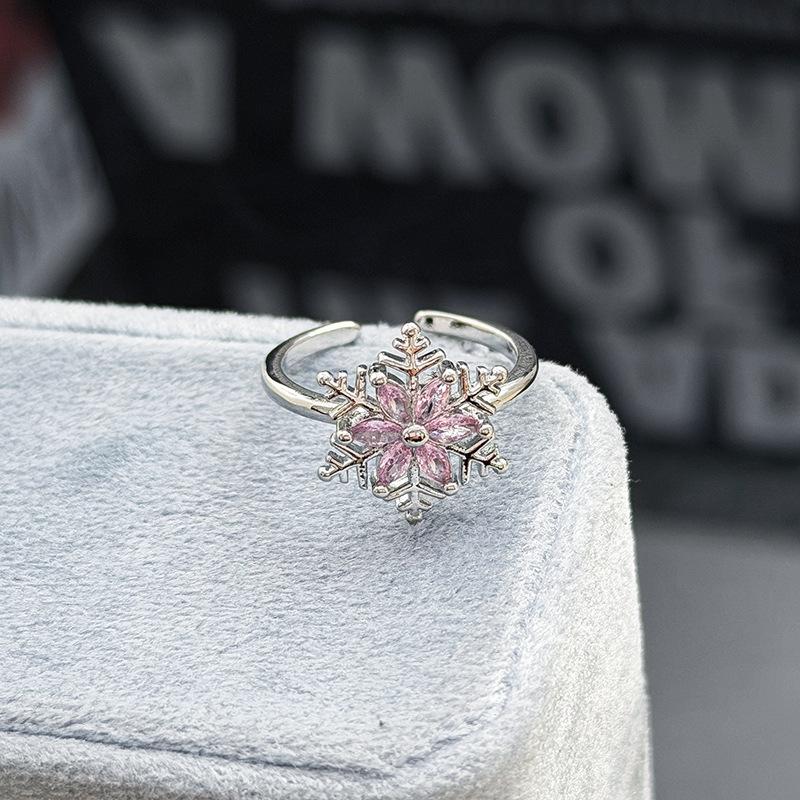 Winter Dream Sweet Cool Snowflake Color Diamond-Encrusted Zircon Enamel Open Ring Niche Premium Sense Stacked Ring Woman
