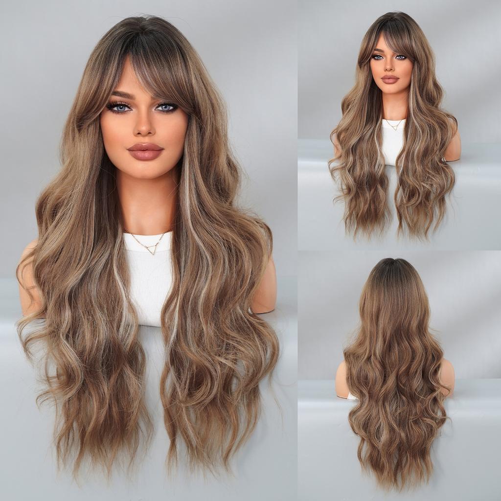Cocoa Brown Long Curly Hair With Slanted Bangs Big Wavy Wig Women Synthetic High-temperature Silk