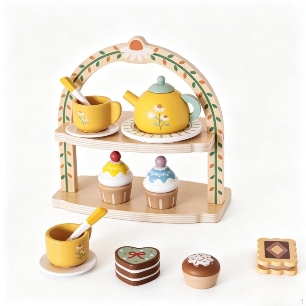 Wooden Tea Party Set with Shelf Tabletop Montessori for Little Ones, Preschoolers,