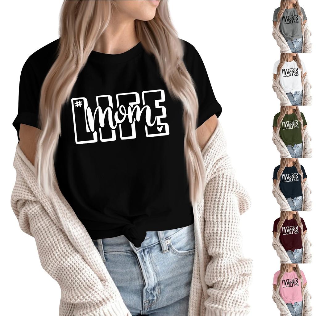 Women Casual Daily Round Neck Printed Short Sleeved T-shirt Letter Top