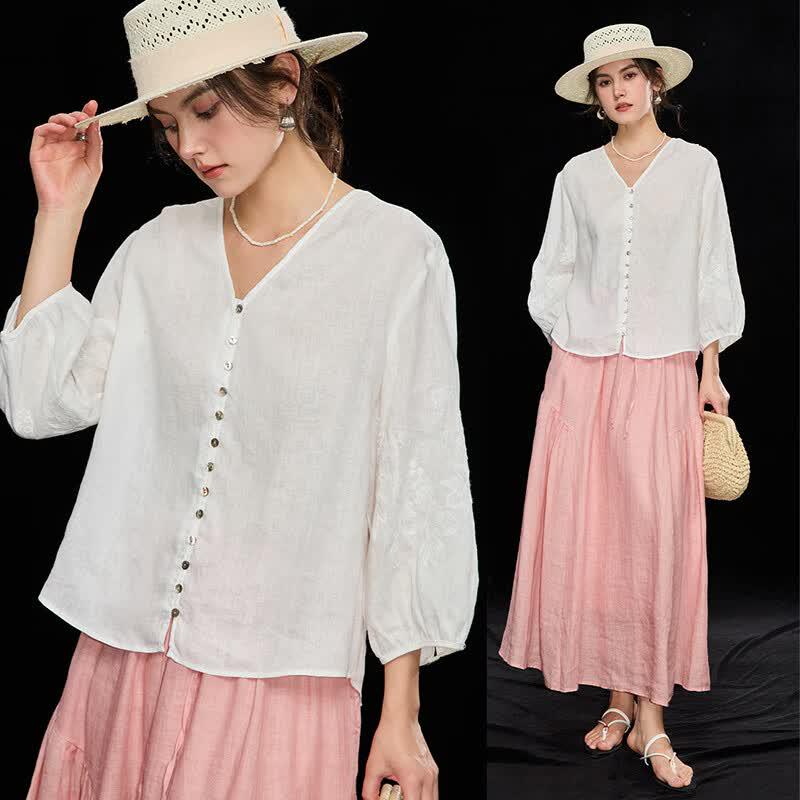 Women s 100% Linen French V-Neck Loose Fit Shirt M