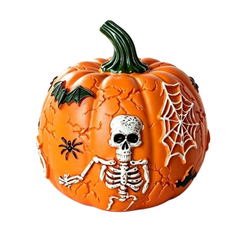 Illuminated Plastic Pumpkin Ornament with Skeleton Web Detail for Halloween Party Decoration, and Table Shelf and Entryway