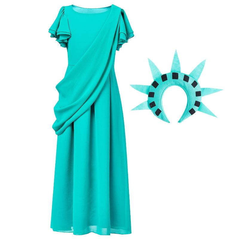 

Kids Girls Ancient Roman Goddess Statue of Liberty Dress Robe Hat Set Children Halloween Cosplay Costumes Kindergarten Performance Role Play Outfit L зелёный