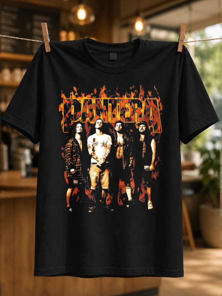 Pantera Flames Band Lineup Photo Fiery Orange Logo Dark Grunge Texture And Classic Heavy Metal Unisex All TShirt