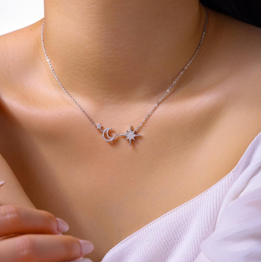 Sweetrain Full Moissanite Necklace for Women 925 Silver Star&Moon Pendant 18k white Plated Female Necklace