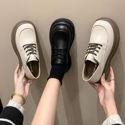Leather Platform Shoes Women's Spring and Autumn New College Black Single Shoes Lace-up Small Leather Shoes
