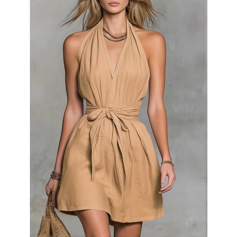Damen Halter V-Ausschnitt Bindegürtel Minikleid Ärmellos Lässig Einfarbige A-Linien-Kleid