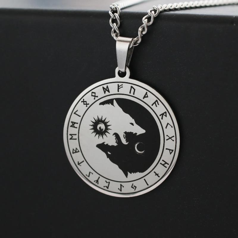 Stainless Steel Yin Yang Wolf Sun Moon Pendant Norse Viking Necklace Nordic Talisman Amulet