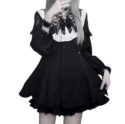 Cute Long Sleeve Dress with Detachable Ribbon and Check Lolita Layered Perfect for and Stylish Student Size [XHSUKADO] Women's Brooch, Ruffles, Lace,