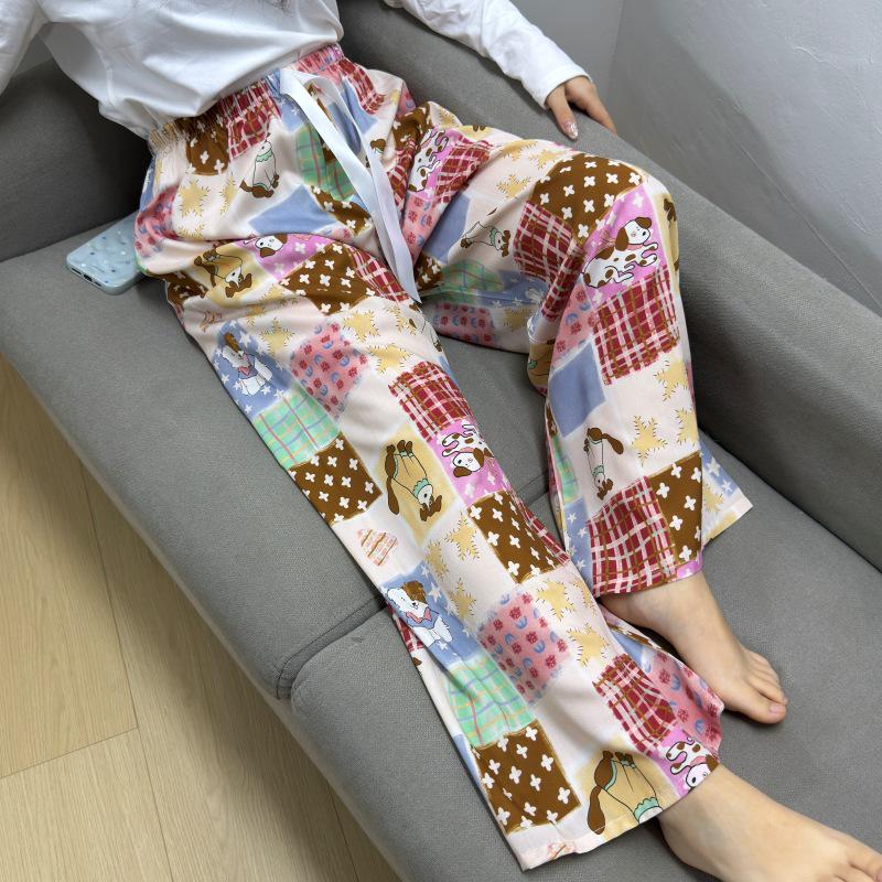 Damen-Blumen-Baumwoll-Seiden-Pyjama - Große Größen, Sommer, Leicht, Für draußen, Gerades Bein, Lockerer Schnitt