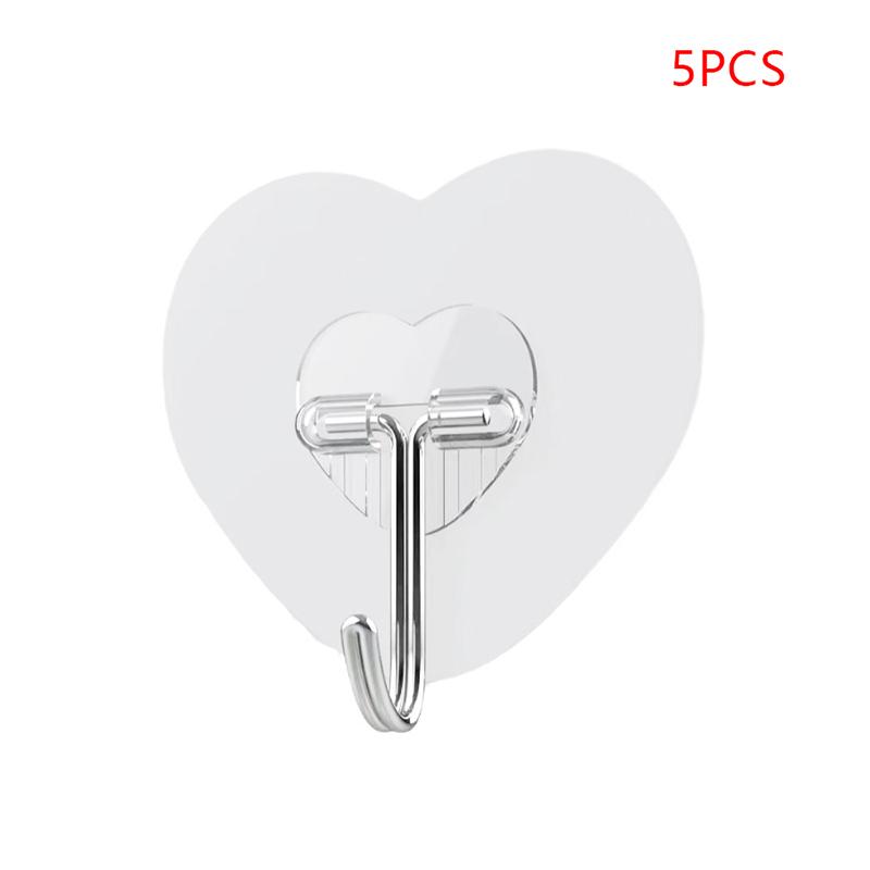 5Pcs Heart Transparent Hooks Strong Self Adhesive Key Storage Hanger Multi-Function Towel Hanging Hook For Kitchen Bathroom Stor