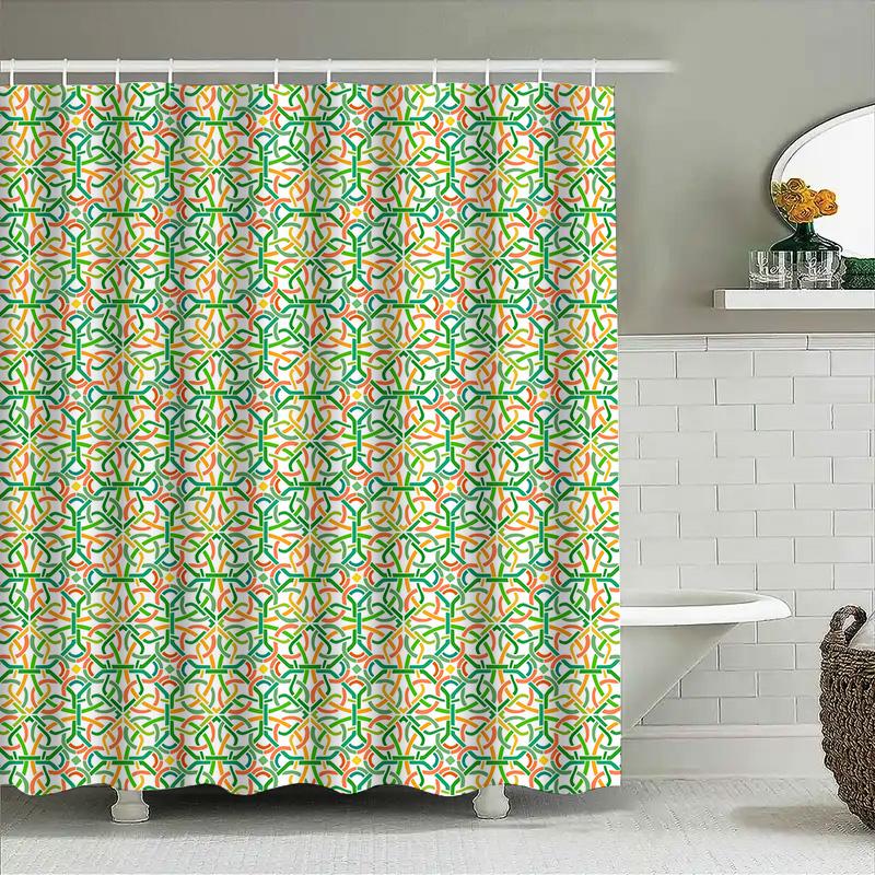 Vibrant Interlocking Geometric: Orange And Green Pattern Shower Curtain For A Modern And Energetic Bathroom Dcor