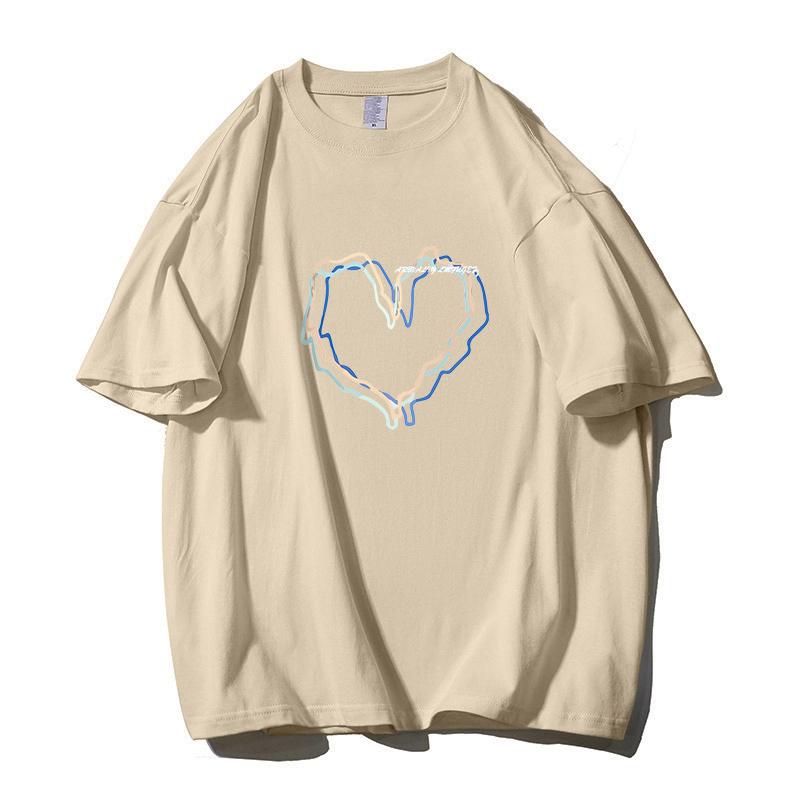 Shellsuning Loose O Neck Cotton Printed Shirts Women Summer Kawaii Heart Graphic Tees Female Casual Short Sleeve Base Black Tops