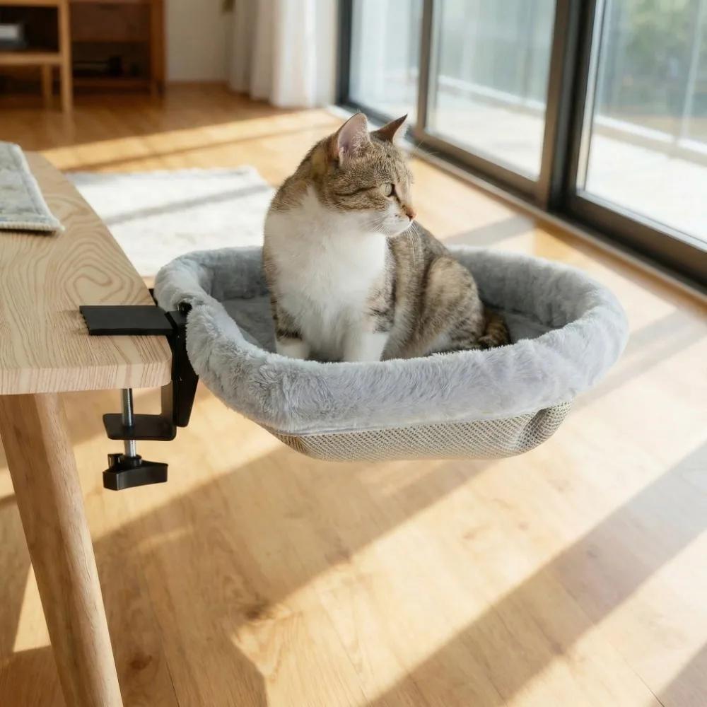 

Creative Semi-Circular Cat Table Bed Space Saving Detachable Folding Cat Bed Soft Non-Slip Clamp Cat Perch Computer Desk