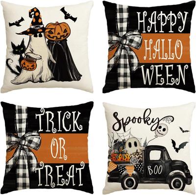 Halloween Geist Fledermaus Kissenbezüge Süßes oder Saures Kürbis Streifen Kissenbezüge Set von 4 für Sofa Couch Gruselige Dekoration