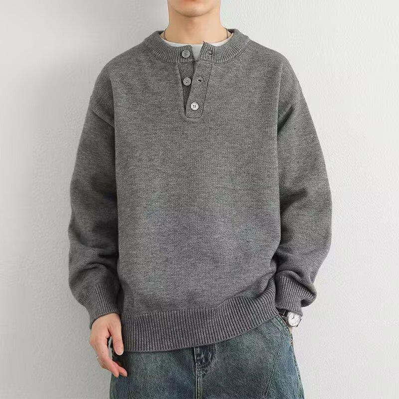Men's American Retro Henley Collar Sweater: Autumn/Winter Clean Fit, High-End Feel, Solid Color Base Layer Knitwear