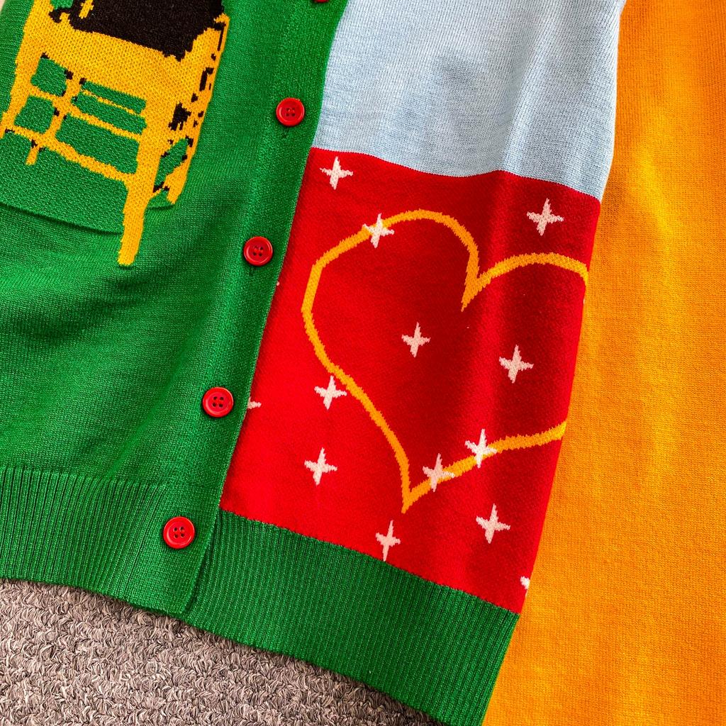 Herbst Winter Damen Damen O-Ausschnitt Cartoon Print Einreihig Gestrickte Pullover Strickjacken Tops für Schülerin