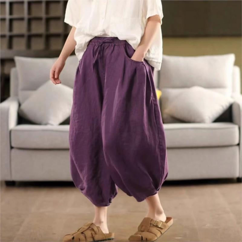 Johnature Women Harem Pants Elastic Waist Pockets Belt Trousers Summer Solid Color Loose Female Calf Length Pants