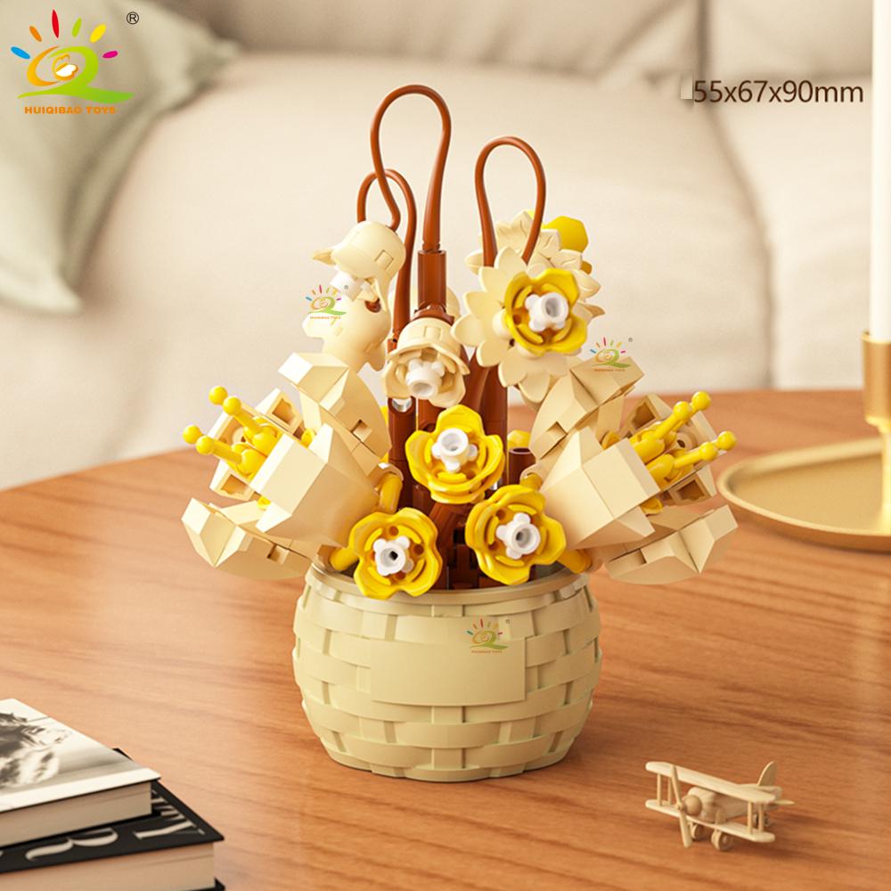 HUIQIBAO MOC Bouquet Potted Plant Micro Building Blocks Eternal Flower Model DIY Home Desk Decoration Brick Toy For Children