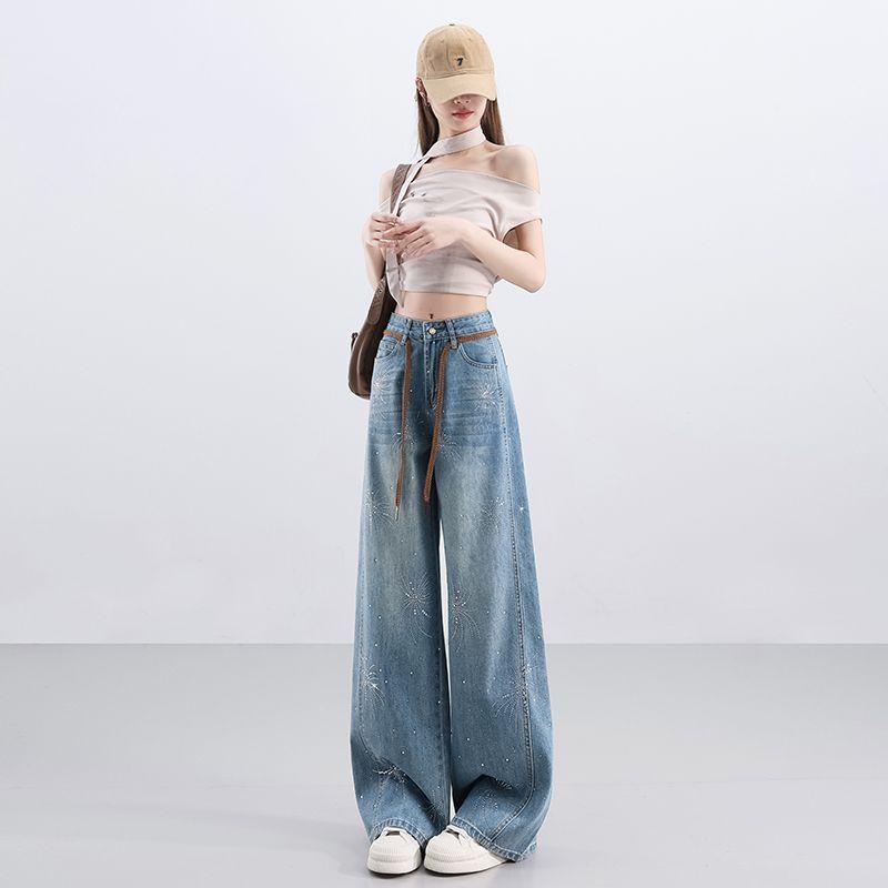 Frühling Sommer Schwer Vollstern Strasssteine Gürtel Design Schlank Weites Bein Jeanshose Für Damen Lässige Hose Übergröße Jeanshose