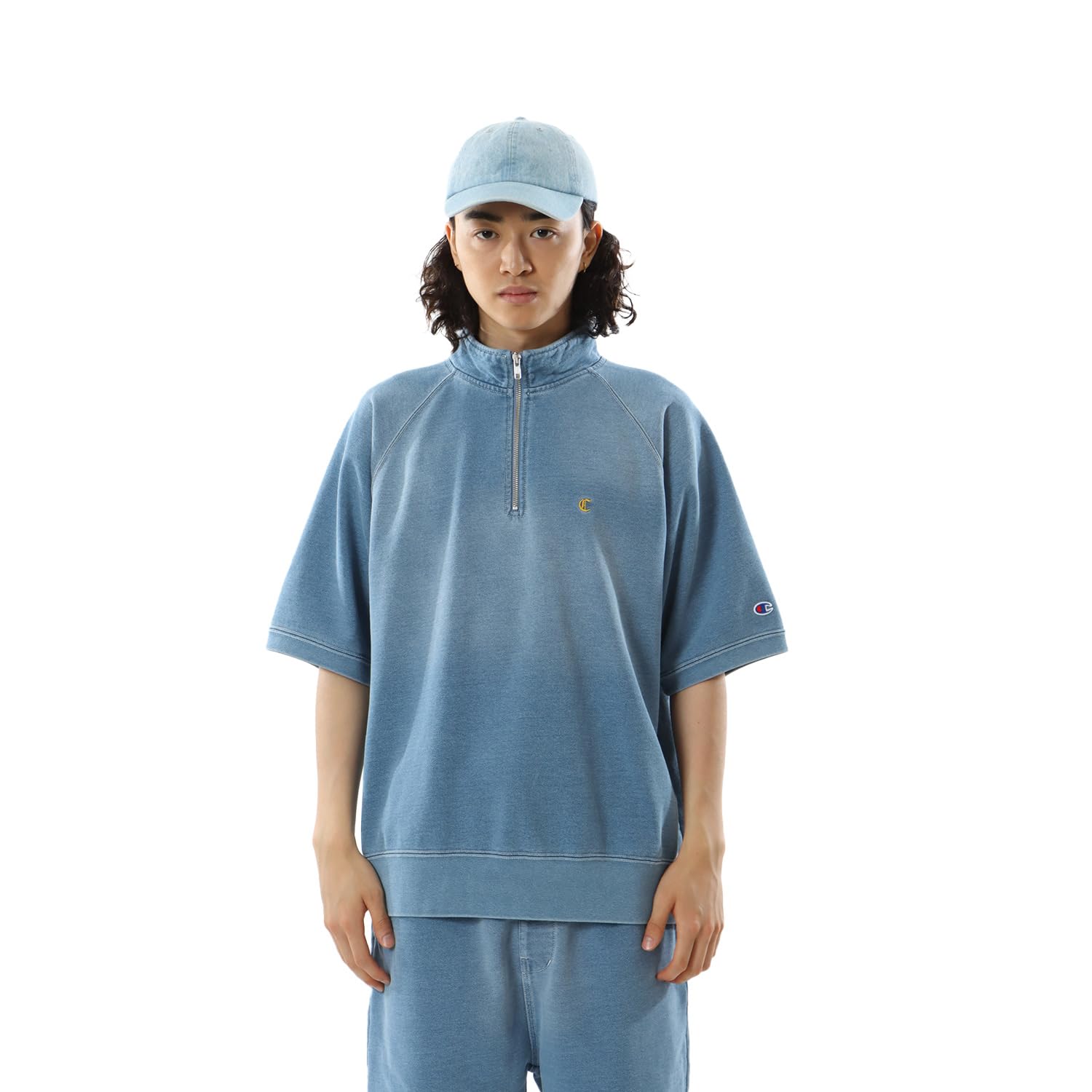 

Champion Casual Raglan Short Sleeve Stonewash Fleece Embroidered Men s Half-Zip Sweatshirt, Blue, 100% Cotton, Lining, Denim-Like Design, C3-Z012