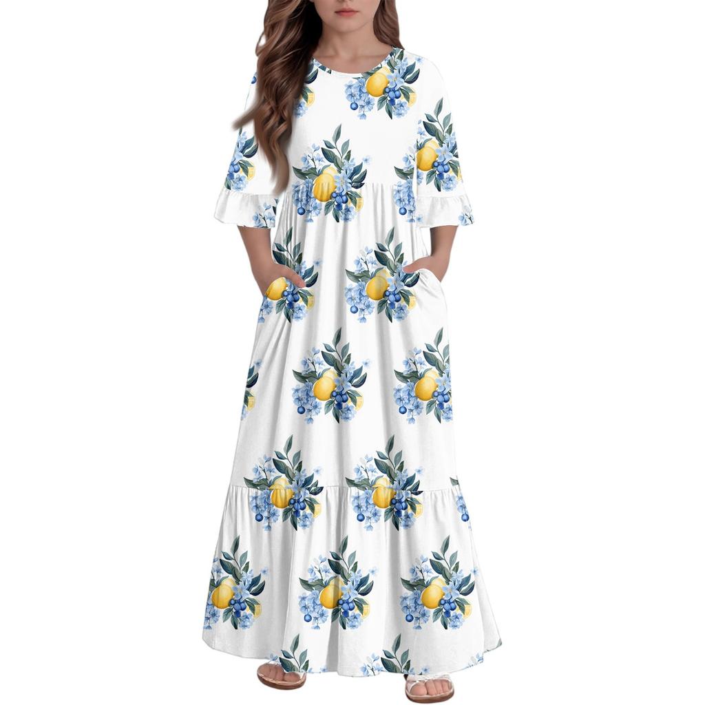 Girls' Tiered Ruffle Dress - 3/4 Sleeve Pocket Maxi With Pockets