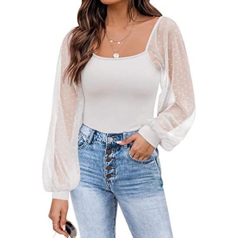 Sommer Damen Bluse Mode Durchsichtige Laterne Ärmel Spleißen Abnehmen Top