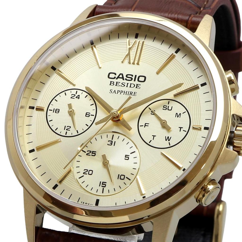 Casio BESIDE Quartz Men's Watch BMS-300GL-5AV Sapphire Glass Brown Leather Band Multi-Axis 24-Hour Display Gold