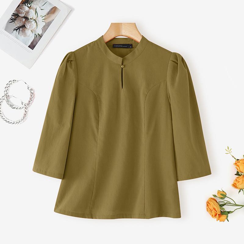 

ZANZEA Женская повседневная однотонная блузка с воротником-стойкой и рукавами 3/4 S