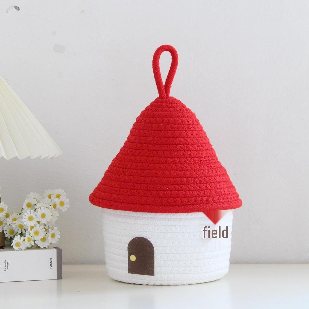 House-Shaped Cotton Rope Storage Basket with Lid for Miscellaneous Items