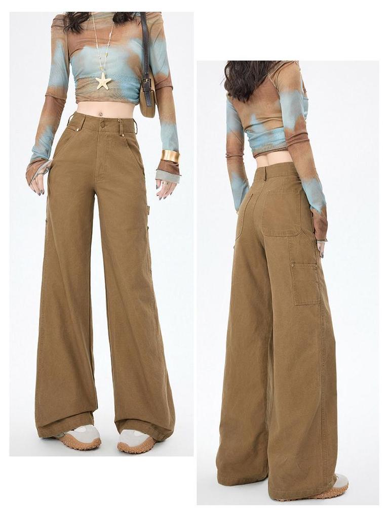 Jeans Larghi a Zampa Retro Khaki da Donna con Tasche Multiple per la Primavera