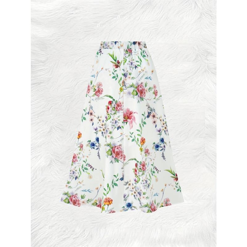 Women's Floral Print Midi Skirt Vacation Style High Waist A Line Summer Casual Skirt for Women Elastic Waist Flowy Skirt
