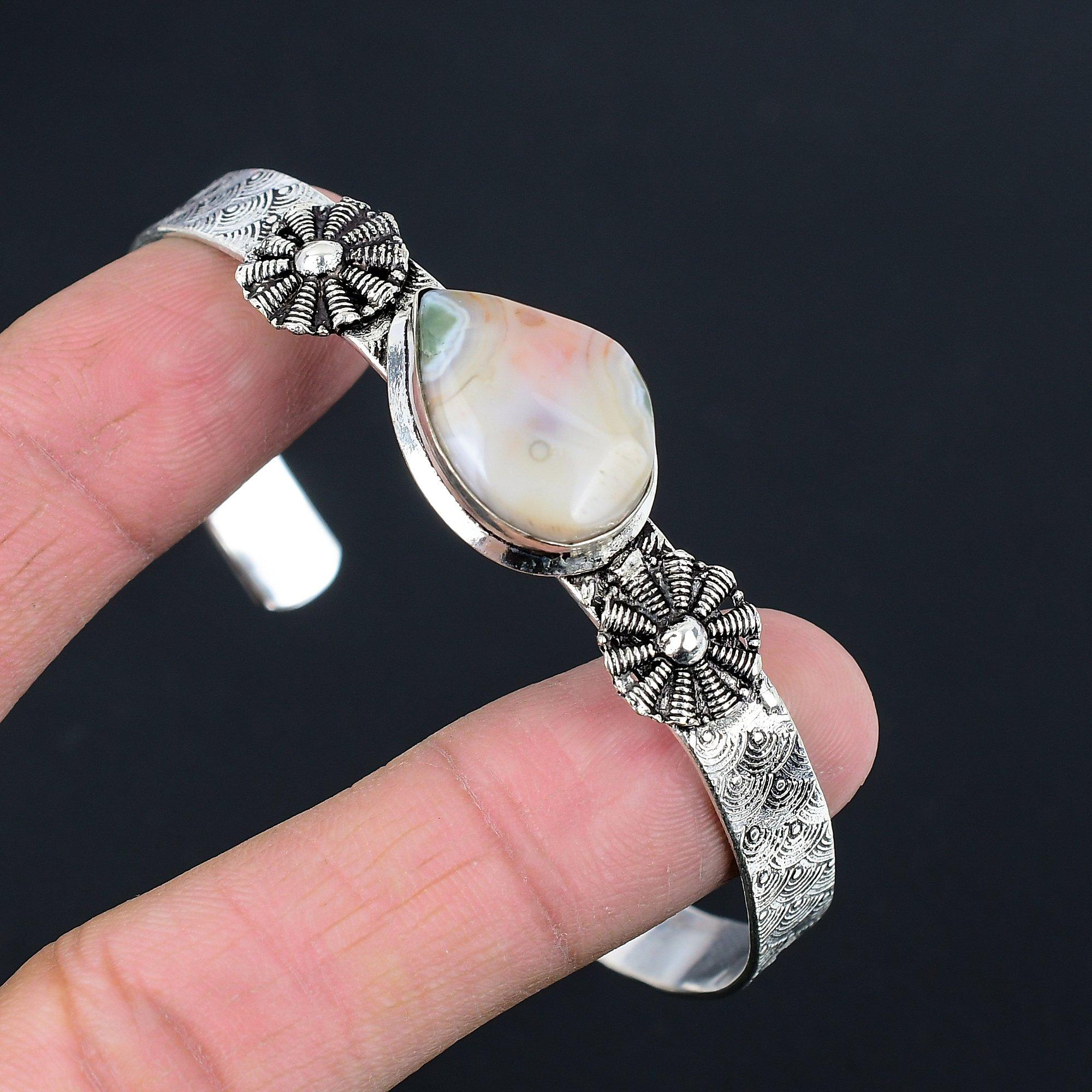 

Friendship Day Sale Aqua Nevada Agate Stone 925 Silver Wedding Bangle Jewelry Adjustable