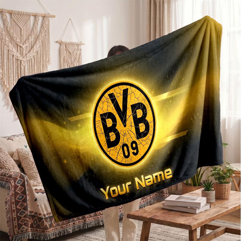 Borussia Dortmund Personalized Fleece Blanket With Football Logo, Custom Name Text Soft Warm Home Throw Blanket