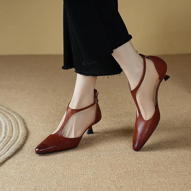 Fashion 2024 New Summer Sandals Cover Toe Sandals Pointed Toe High Heels Sandals for Women Handmade Women shoes Retro Stiletto Brown