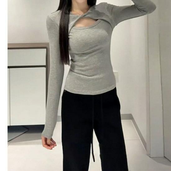 Autumn Winter Women s Ribbed Plush Hollow Out Long Sleeve Base Layer Shirt M for 85-95 jin серый фото