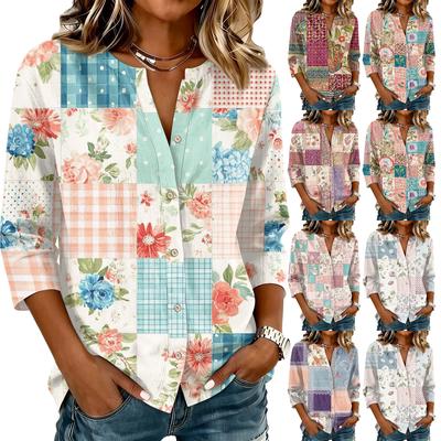 Women's Vintage Floral Print Patchwork Henley Collar Button Down 3/4 Sleeve Cotton Linen Shirt Casual Loose Fit Blouse