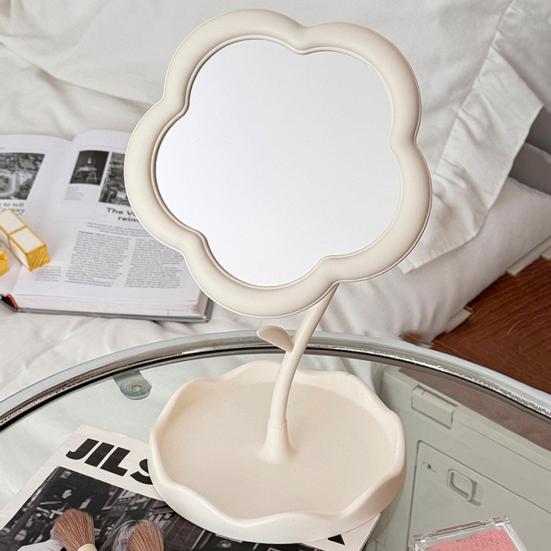 Flower Desk Makeup Mirror with Storage Tray 360 Degrees Rotation Desktop Vanity Mirror Multi-purpose Women Cosmetic Table Mirror Jewelry Organizer