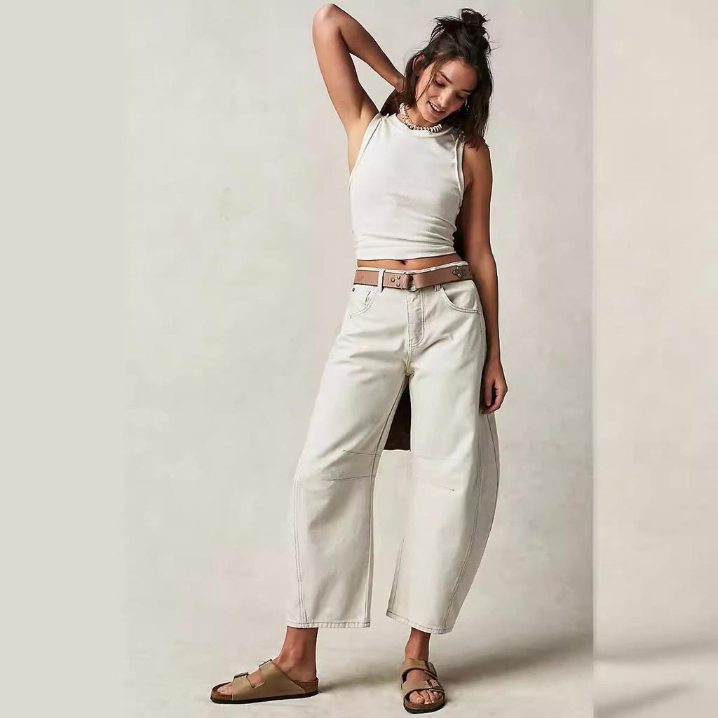 2026 Cross-Border European & American Women's Washed Denim Wide-Leg Pants, Mid-Low Waist, Fashion Casual Style