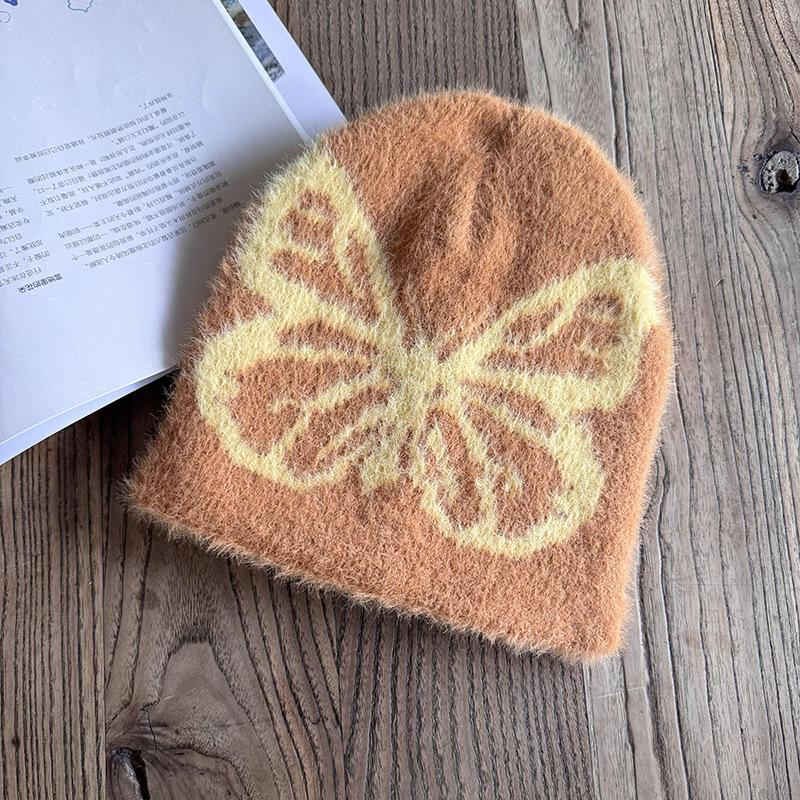 Cute Butterfly Imitation Mink Knitted Hat Cold Size Wool Hat Women's Fashion Versatile Headhat Tide