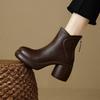 Brown round head short boots women's soft leather new thick-soled autumn and winter velvet rear zipper muffin bottom Martin boots thick heel