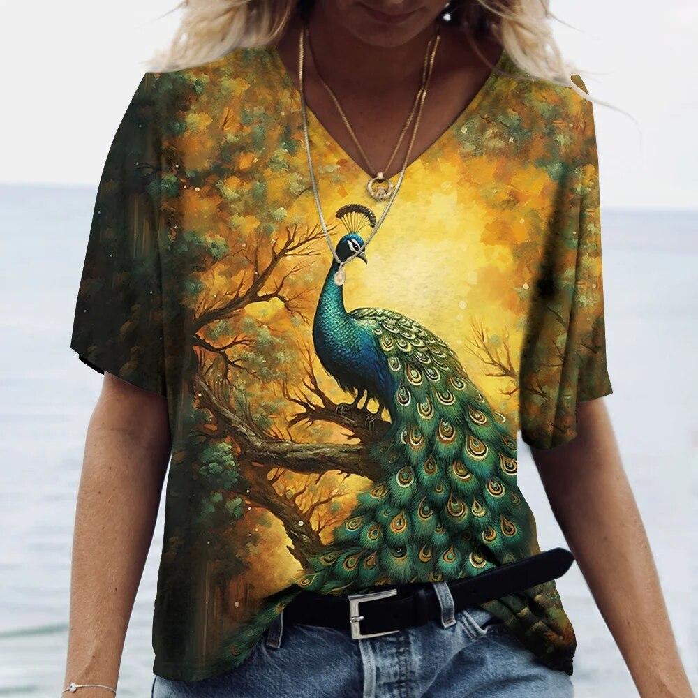 Women's V-Neck T-Shirt Peacock 3D Print Casual Fashion Summer Pullover Short Sleeve Harajuku Oversized Tops Tees For Ladies