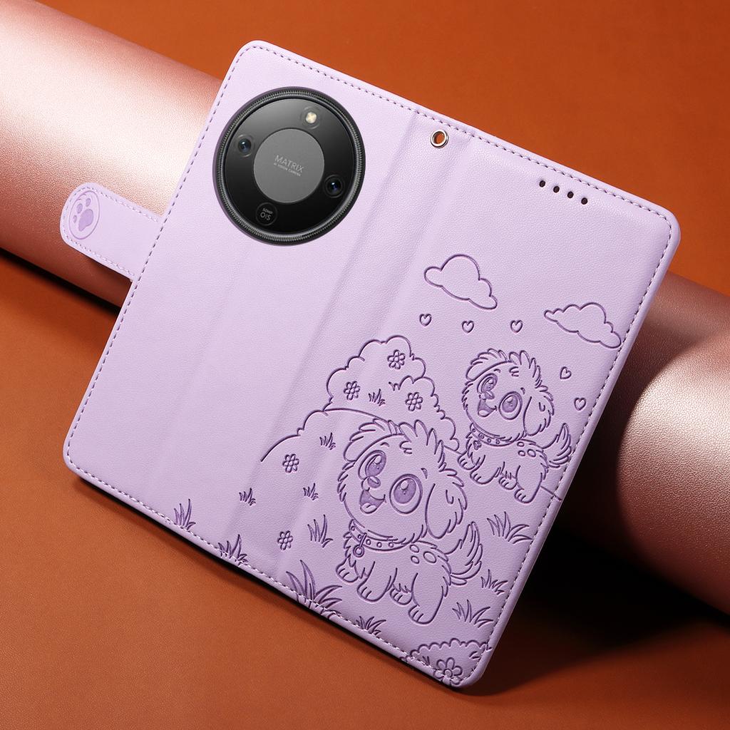 For Honor Magic8 Lite 5G/X9d 5G/X70 5G Case RFID Blocking Imprint Dog Pattern PU Leather Phone Cover with Wrist Strap