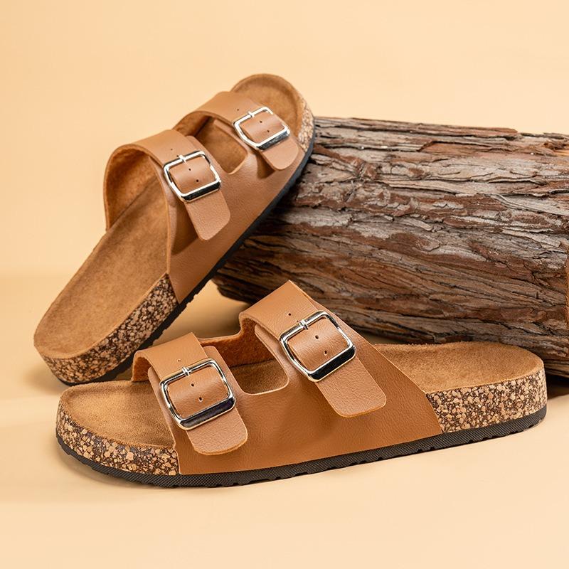 One-word drag male couple cork retro leather half drag female platform soles outdoor wear double button shoes male tide