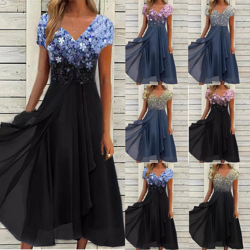 Vestidos casuales de manga corta con cuello en V para mujer, moda, verano, primavera