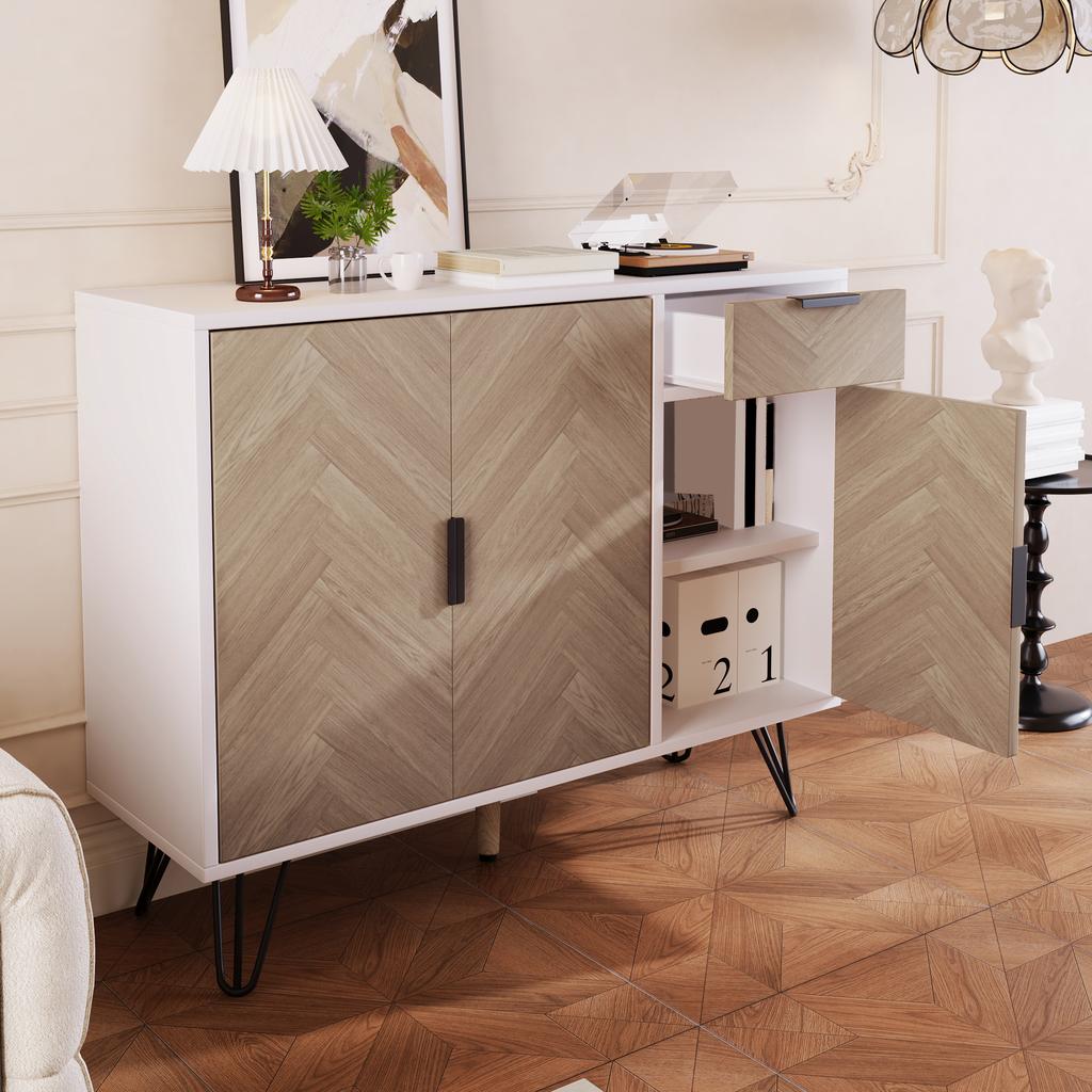 Modern Storage Cabinet, Sideboard in White and Wood Look with Drawer and Height-Adjustable Shelves (90 x 30 x 71.5 cm)