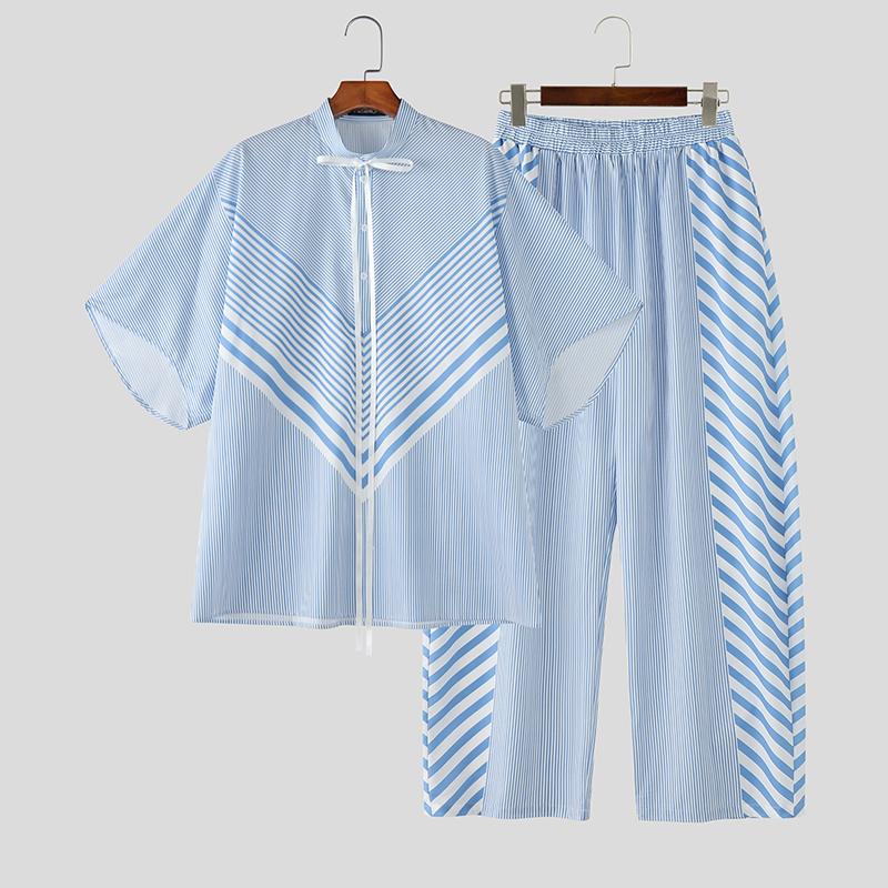 INCERUN 2 Stück Sommer Herren Kurzarm Gestreifte Nähte Hemden und Lange Hosen Übergroße Outfits Sets