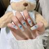Glitter Blue Heart Pearl False Nails with Removable Stickers