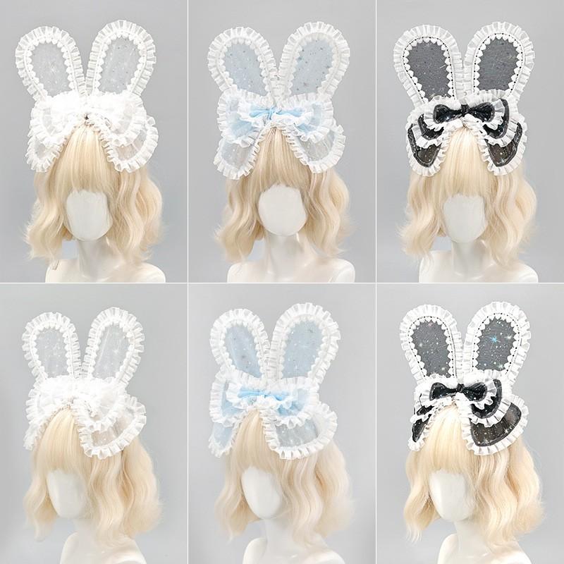 Handmade Lolita Rabbit Ear Headband With Tulle Bow Soft Plush Ears Sweet Kawaii Style Hair Accessory